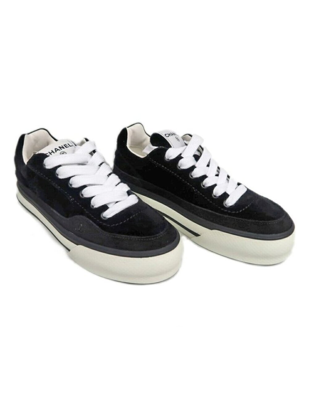 Chanel Suede Sneakers 38 Black Off White - Picture 2 of 10